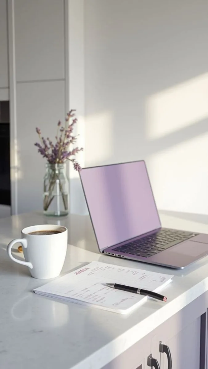 Escritorio de trabajo con un portátil, una taza de café y lavanda